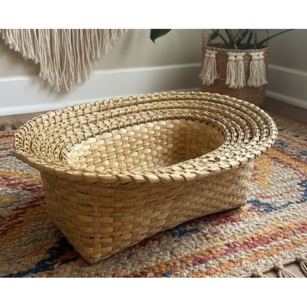 Handwoven Basket Set 7 Nested Oval Natural Wicker Boho Farmhouse Vintage Decor - Picture 1 of 12